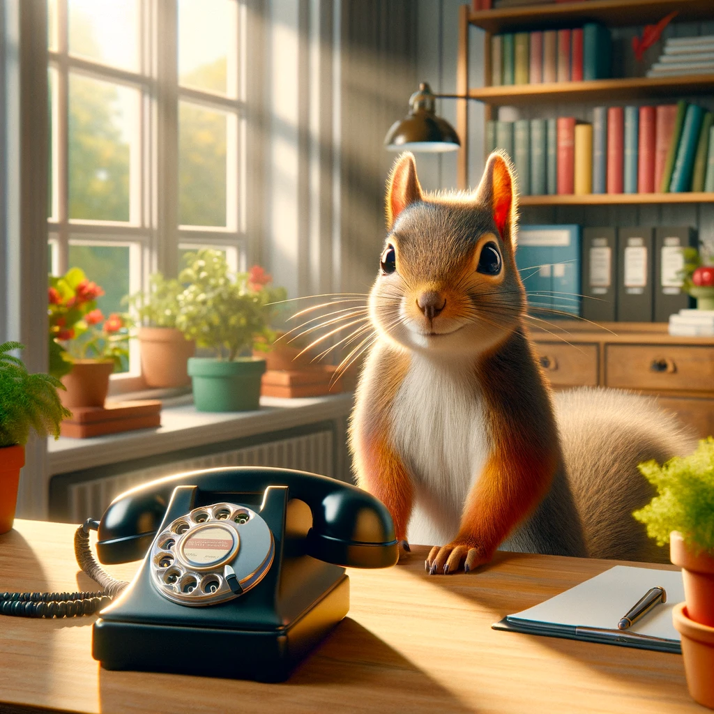A squirrel sitting in a bright and friendly office, curiously looking at an old-fashioned rotary dial telephone on a wooden desk. Sunlight filters through the window, creating a warm, welcoming atmosphere. The office is decorated with vibrant green plants in terracotta pots and bookshelves filled with colorful books. Created with DALL-E 3.
