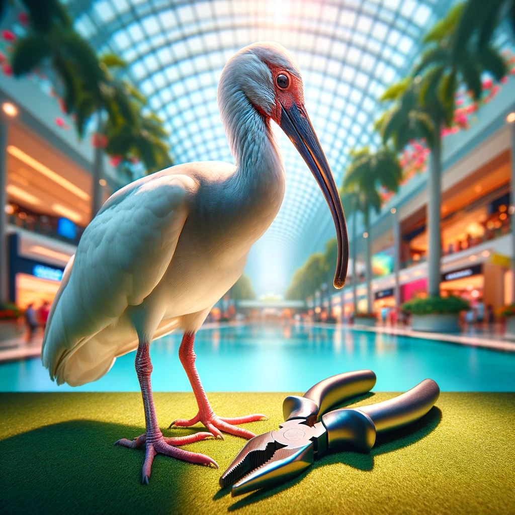 An ibis bird, with its long, curved beak and distinctive white plumage, standing in a brightly lit environment. The bird is curiously looking at a single pair of shiny, metallic pliers lying on the ground. The surroundings are vibrant and well-lit, with a clear blue sky overhead and lush green grass underfoot. The scene captures a sense of curiosity and contrast between the natural bird and the man-made tool. Created with DALL-E 3.