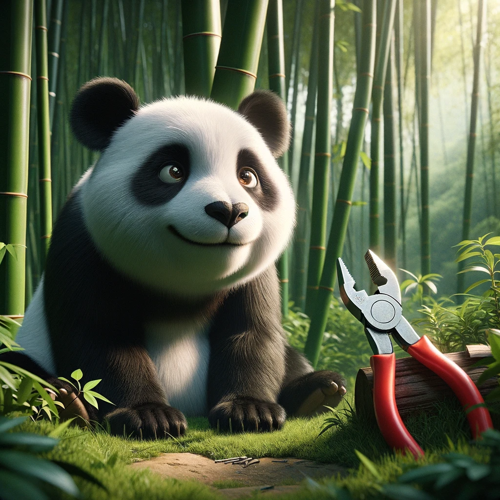 A panda bear sitting calmly in a green bamboo forest. The panda has a curious expression as it looks at a red-handled plier placed on the ground in front of it. The plier is shiny and contrasts with the natural, lush environment. The background is filled with thick bamboo stalks and a variety of green plants, enhancing the natural habitat of the panda. The scene is peaceful, with soft, natural lighting highlighting the panda and the plier. Created with DALL-E 3.