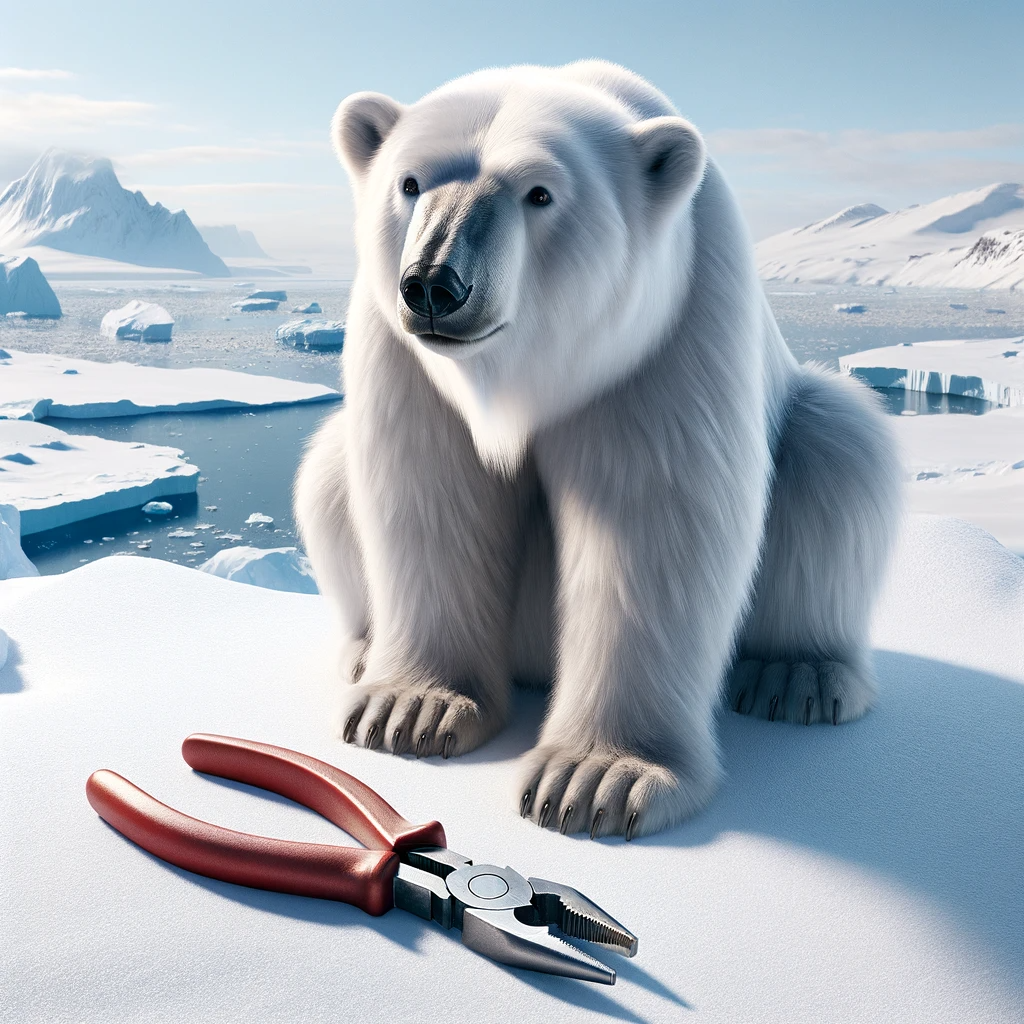 A realistic polar bear sitting on a snowy landscape, looking curiously at a pair of pliers lying on the ground. The polar bear should have a thick, white coat and appear both majestic and inquisitive. The pliers are standard steel with red rubber grips, contrasting against the white snow. The scene is set in the Arctic with a clear blue sky and a few distant icebergs in the background. Created with DALL-E 3.