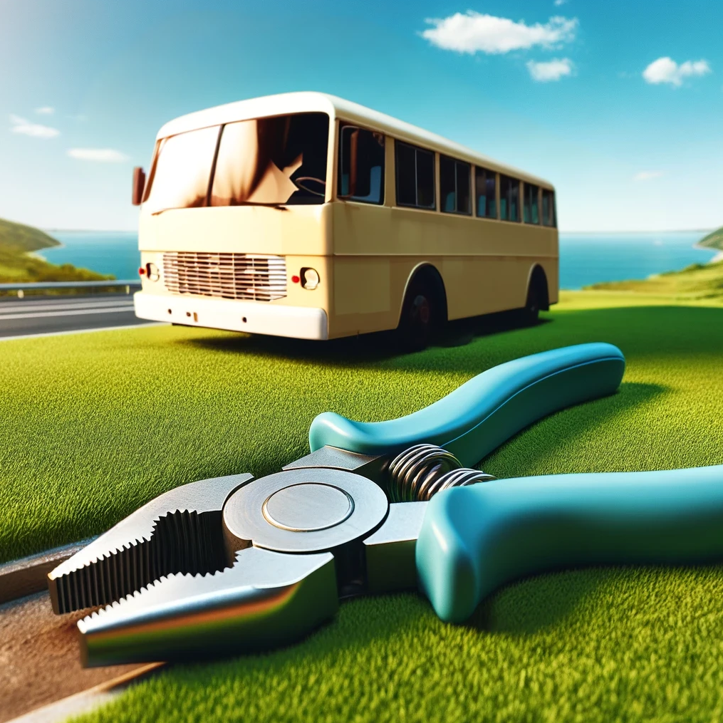 An old school beige-green Chinese bus and a pair of pliers lying on the ground side by side. The scene is well-lit with a vibrant, clear blue sky overhead and lush green grass underfoot. Created with DALL-E.