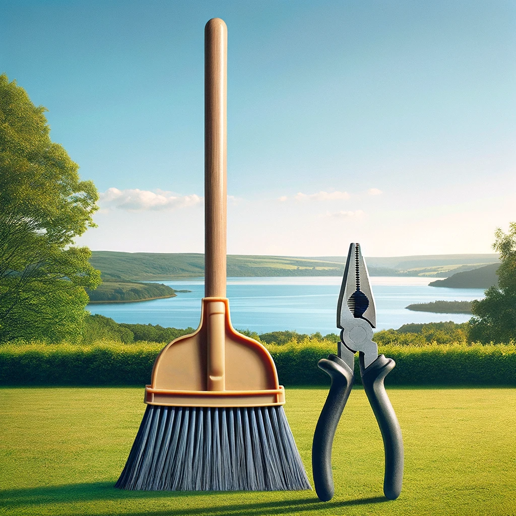 A standard plastic broom stands upright on a lush green lawn, with its long handle and bristles clearly visible. Beside it is a large pair of pliers, about half the size of the broom, with detailed rubber handles. The background shows a serene landscape, with a sparkling lake visible in the distance, surrounded by gentle hills and a clear blue sky. Created with DALL-E 3.