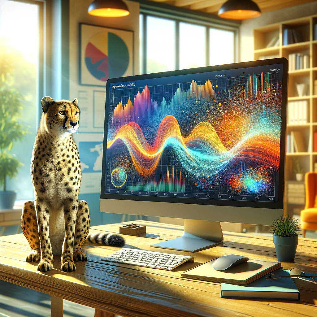 A cheetah sits beside a computer screen displaying colorful data visualizations and regression models in a bright, welcoming office environment, highlighted by sunlight and decorated with plants and books. Created with DALL-E 3.