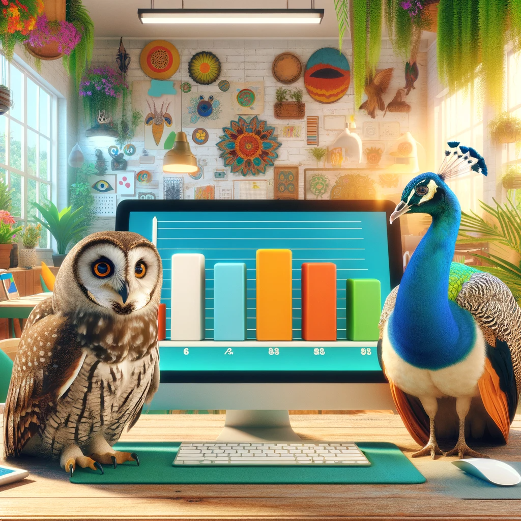 An owl and a peacock are in front of a computer screen displaying a simple bar chart with three colored sections, in a vibrant and welcoming office environment filled with plants and colorful decorations. Created with DALL-E 3.