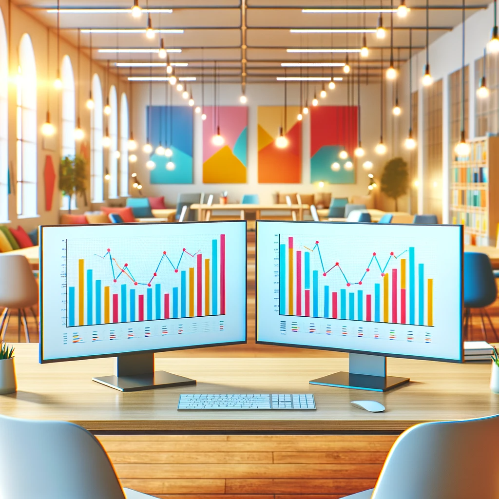 An image of a bright and friendly office setting with two equally sized screens placed centrally. Each screen displays a simple line chart without any text or numbers. The office is very well-lit, giving a warm and inviting ambiance. The decor is colorful and cheerful, with a minimalist design. The two screens are on a sleek, modern desk in the center of the image. The line charts are clear and straightforward. The overall atmosphere of the office is lively and welcoming, with vibrant colors and ample natural light. Created with DALL-E 3.