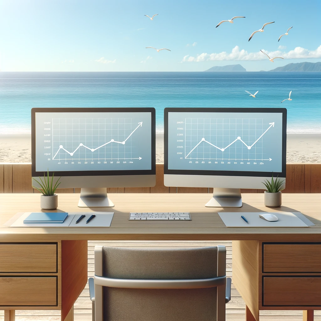 A bright and friendly office setting with two equally sized screens placed centrally on a desk. Each screen displays a simple line chart without any text or numbers. The desk is placed directly on a beach, with no walls or windows, allowing an unobstructed view of the sea and some seagulls in the background. The scene conveys a peaceful and productive atmosphere, with natural beach scenery surrounding the workspace. Created with DALL-E 3.