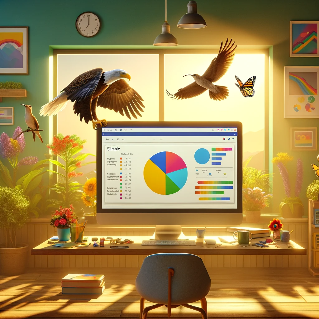 An eagle, a hummingbird, and a butterfly are in front of a computer screen displaying a simple pie chart with three colored sections, in a vibrant and welcoming office environment filled with plants and colorful decorations. Created with DALL-E 3.