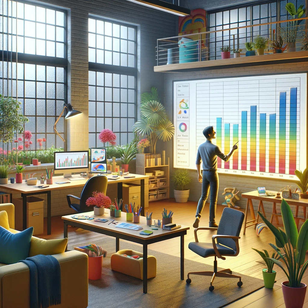 The scene shows a human figure in a friendly and inviting office space, interacting with a simple data visualization on a screen. The office features softer lighting, more vibrant indoor plants, and cozy, colorful furniture that creates a welcoming atmosphere. The large windows let in plenty of natural light, but the overall vibe is relaxed and homelike. The person, smiling and in casual attire, is pointing at a basic, easy-to-understand chart on the screen, making the interaction appear more accessible and less formal. This image emphasizes a comfortable work environment and simplifies the complexity of data analysis. Created with DALL-E 3.