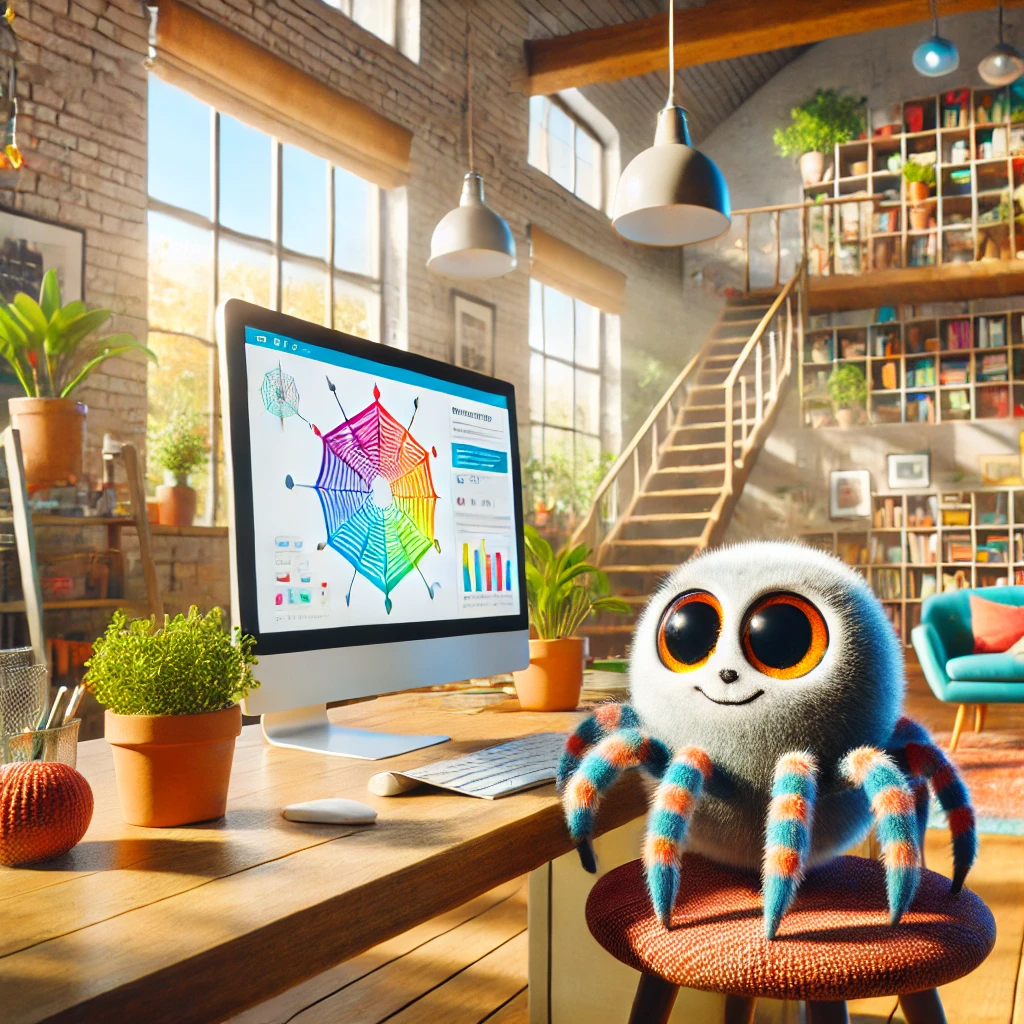 A whimsical and friendly spider with expressive eyes sits on a desk in a bright and inviting office. The spider is focused on a computer screen displaying a colorful network visualization. Sunlight streams through large windows, casting a warm glow over the room. The office is decorated with vibrant green plants in terracotta pots, neatly arranged colorful books on shelves, and cozy furnishings, creating a lively and welcoming atmosphere. Created with DALL-E.