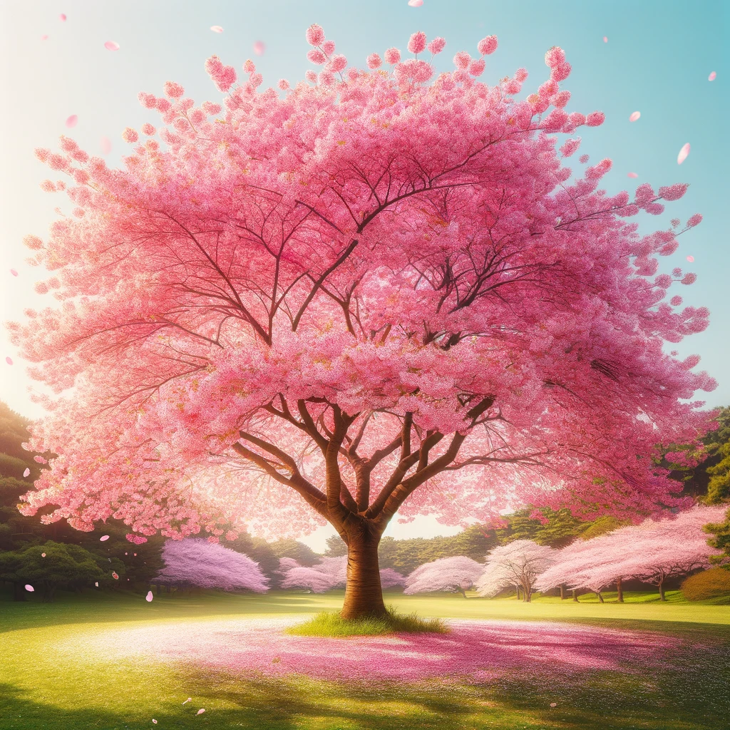 A beautiful sakura tree in full bloom, covered with vibrant pink cherry blossoms. The tree stands alone in a serene park with green grass and a clear blue sky in the background. Soft petals are falling gently to the ground, creating a picturesque and tranquil scene. The sunlight filters through the blossoms, casting a soft glow around the tree. Created with DALL-E.